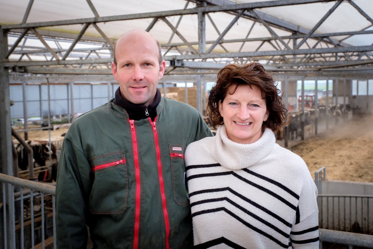 Ardy (46) en Ivanka (44) de Goeij zitten in Reeuwijk (Z-H) in vof. De vof heeft een biologisch veebedrijf met 140 koeien, 100 stuks jongvee en 186 hectare land (106 hectare in eigendom). De Goeij werkt onder meer samen met Staatsbosbeheer.
