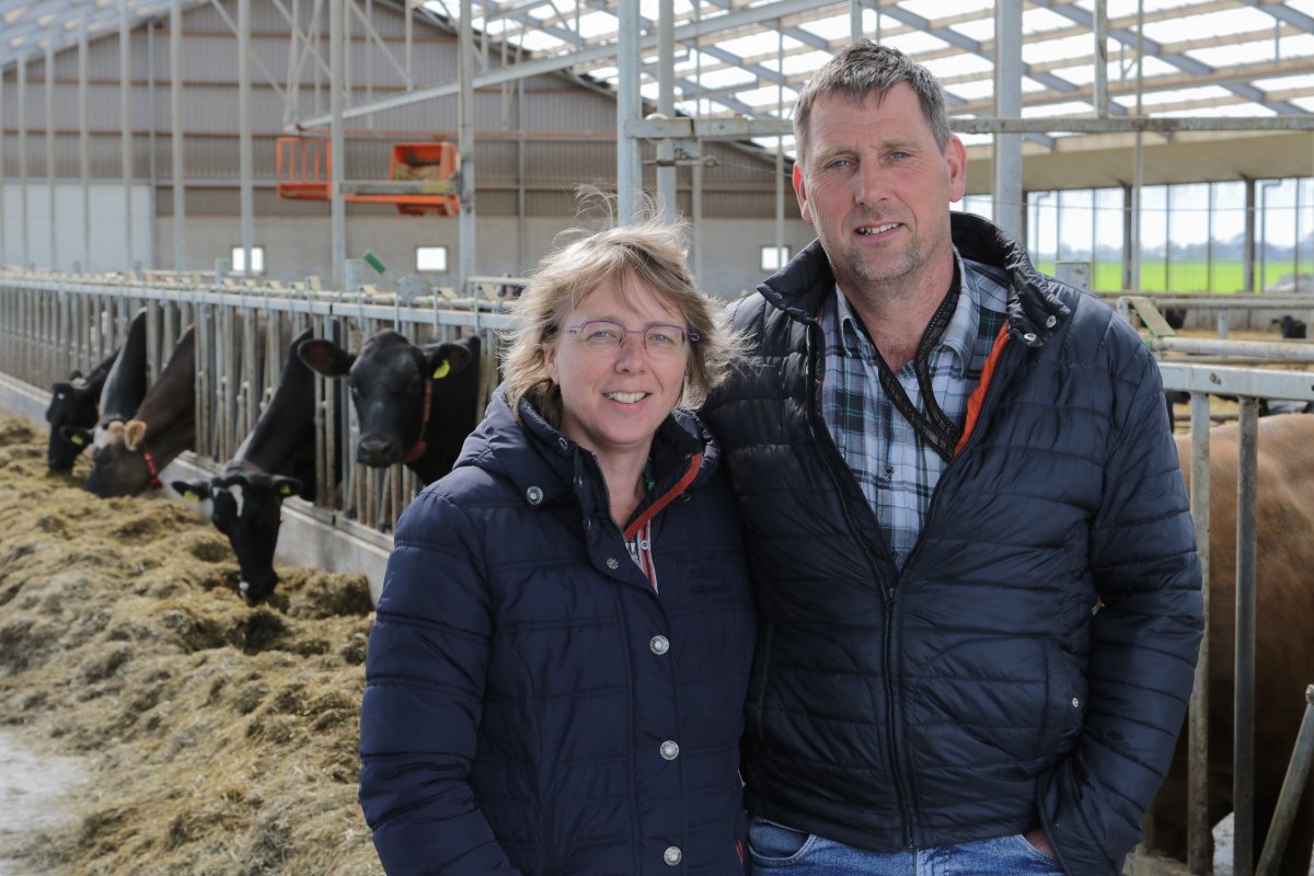 Pieter Berend Slager en Margreet Wiersema zijn de ondernemers van maatschap De Heemen in Stedum (Gr.). De melkveehouders hebben momenteel 105 melk- en kalfkoeien op 61,5 hectare. Het rollendjaargemiddelde is 8.566 liter, met 4,41 % vet en 3,58 % eiwit. Foto's: Jan Willem van Vliet