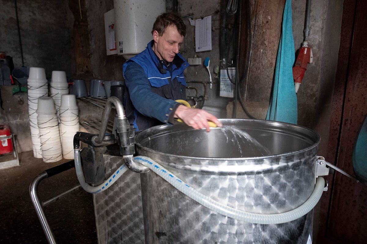 Omdat het bedrijf de arbeid rondzet met een team medewerkers is gekozen voor een simpel en robuust voersysteem. Medewerker Wouter maakt de melk voor de nuka’s in de iglo’s.