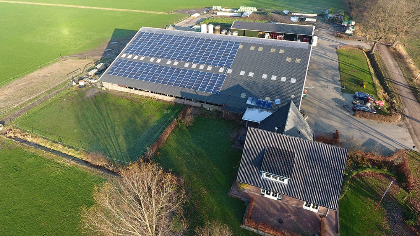 Een luchtfoto van het melkveebedrijf van Schut in Harfsen. Met de zonnepanelen wekt de maatschap duurzame energie op en bespaart op energiekosten.