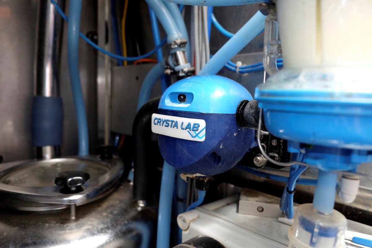 Onder de klep van de melkrobot zit Crystalab-meetapparatuur. Dat systeem zat in het totaalpakket. Met Crystalab kan Kempers via de melkleiding vet, eiwit, lactose en bloed meten. Zo kan hij beter anticiperen.